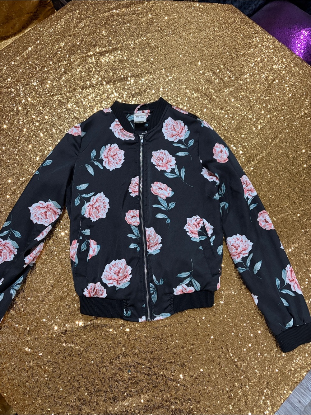 Floral Satin Bomber Jacket - Black with Pink Rose Print